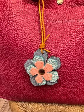 Leather Flower Bag Charm Pink Blue Indigo Flower Purse Charm Genuine Leather